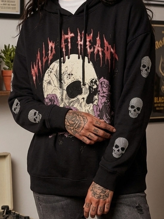 No Boundaries Sweaters - No Boundaries Edgy Goth Black Hoodie with Embellished Skull Sleeves